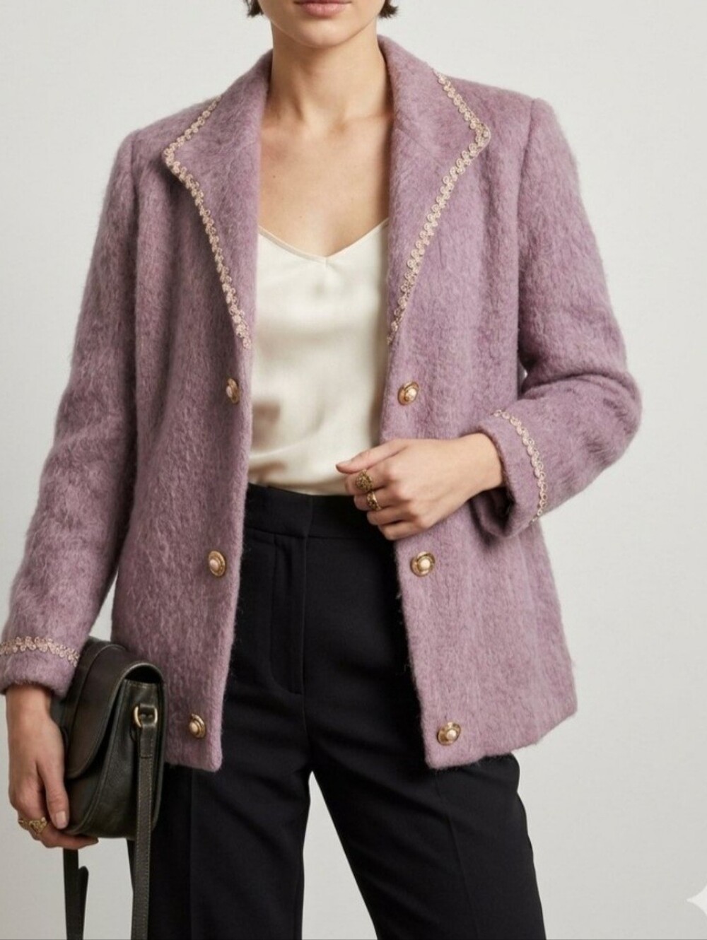 Vintage Lavender Wool & Mohair Blazer – Gold Braided Trim – Structured Longline